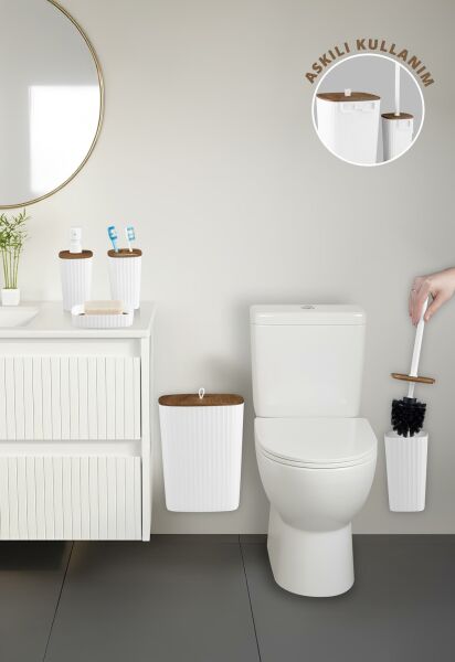 Okyanus Home Yapışkanlı Ahşap Desenli Safir Beyaz 5'li Banyo Seti
