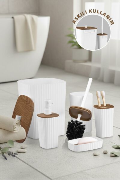 Okyanus Home Yapışkanlı Ahşap Desenli Safir Beyaz 5'li Banyo Seti