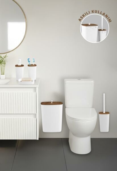 Okyanus Home Yapışkanlı Ahşap Desenli Safir Beyaz 5'li Banyo Seti