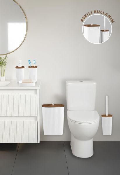 Okyanus Home Yapışkanlı Ahşap Desenli Safir Beyaz 5'li Banyo Seti