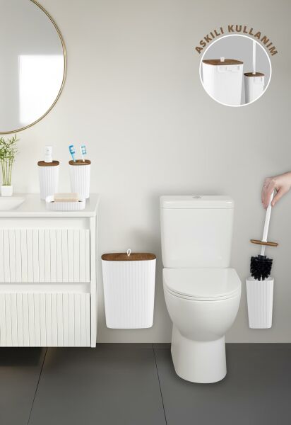 Okyanus Home Yapışkanlı Ahşap Desenli Safir Beyaz 5'li Banyo Seti