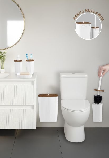 Okyanus Home Yapışkanlı Ahşap Desenli Safir Beyaz 5'li Banyo Seti