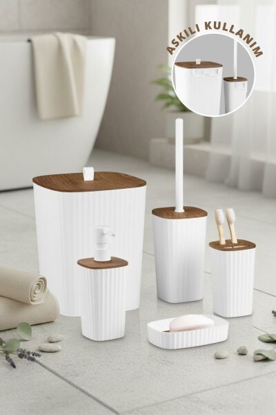 Okyanus Home Yapışkanlı Ahşap Desenli Safir Beyaz 5'li Banyo Seti