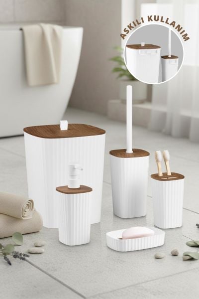 Okyanus Home Yapışkanlı Ahşap Desenli Safir Beyaz 5'li Banyo Seti