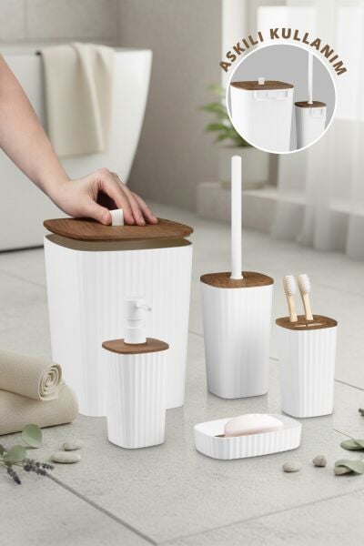 Okyanus Home Yapışkanlı Ahşap Desenli Safir Beyaz 5'li Banyo Seti