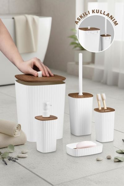 Okyanus Home Yapışkanlı Ahşap Desenli Safir Beyaz 5'li Banyo Seti