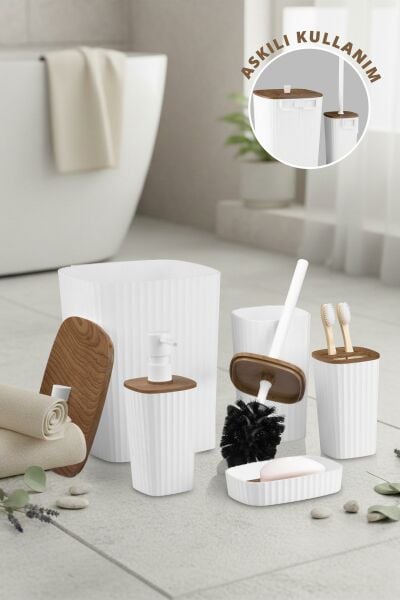 Okyanus Home Yapışkanlı Ahşap Desenli Safir Beyaz 5'li Banyo Seti