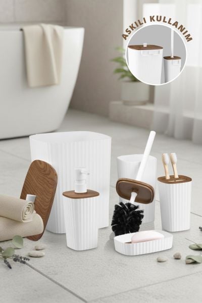 Okyanus Home Yapışkanlı Ahşap Desenli Safir Beyaz 5'li Banyo Seti