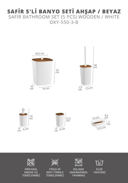 Okyanus Home Yapışkanlı Ahşap Desenli Safir Beyaz 5'li Banyo Seti