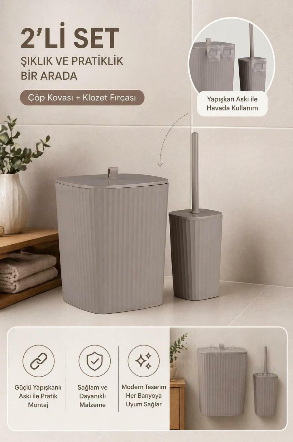 Okyanus Home Safir Yapışkanlı Wc Fırçalık ve Çöp Kovası Seti Vizon 2'li Banyo Seti