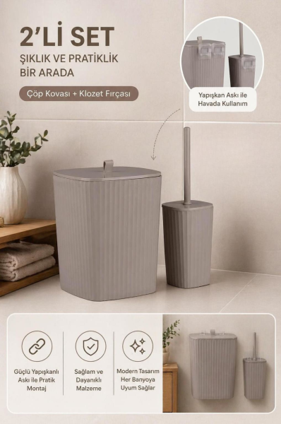 Okyanus Home Safir Yapışkanlı Wc Fırçalık ve Çöp Kovası Seti Vizon 2'li Banyo Seti