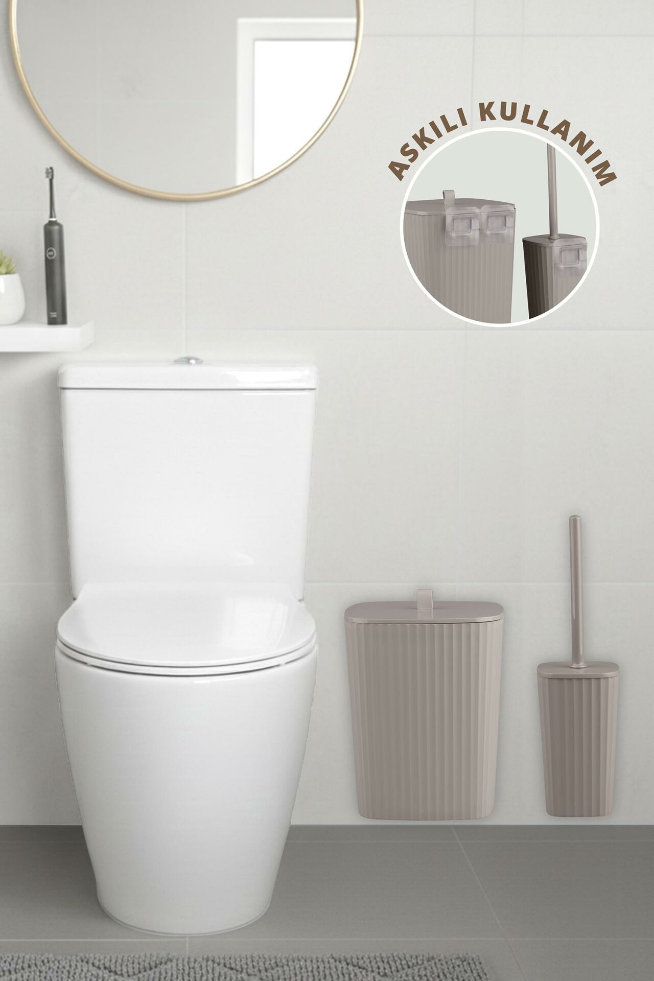 Okyanus Home Safir Yapışkanlı Wc Fırçalık ve Çöp Kovası Seti Vizon 2'li Banyo Seti