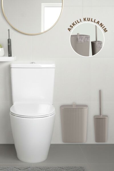 Okyanus Home Safir Yapışkanlı Wc Fırçalık ve Çöp Kovası Seti Vizon 2'li Banyo Seti