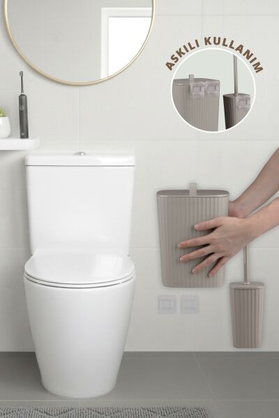 Okyanus Home Safir Yapışkanlı Wc Fırçalık ve Çöp Kovası Seti Vizon 2'li Banyo Seti