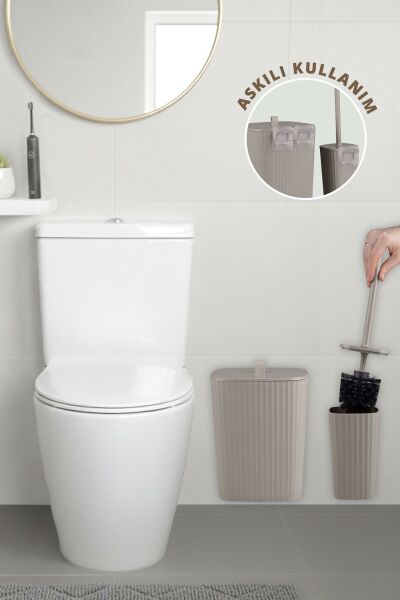 Okyanus Home Safir Yapışkanlı Wc Fırçalık ve Çöp Kovası Seti Vizon 2'li Banyo Seti