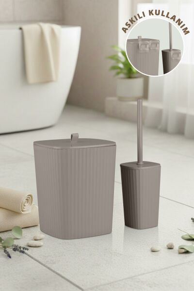 Okyanus Home Safir Yapışkanlı Wc Fırçalık ve Çöp Kovası Seti Vizon 2'li Banyo Seti
