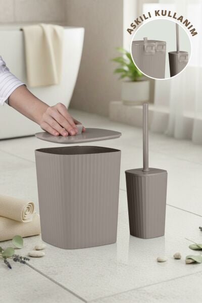 Okyanus Home Safir Yapışkanlı Wc Fırçalık ve Çöp Kovası Seti Vizon 2'li Banyo Seti