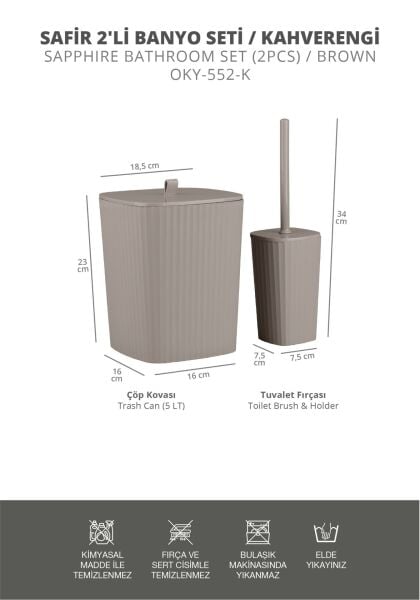 Okyanus Home Safir Yapışkanlı Wc Fırçalık ve Çöp Kovası Seti Vizon 2'li Banyo Seti
