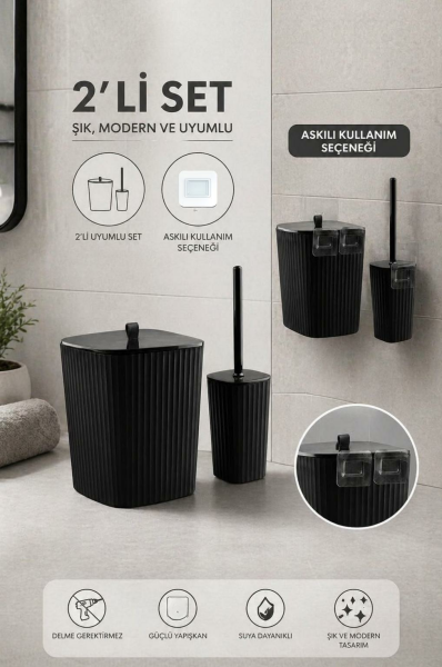 Okyanus Home Safir Yapışkanlı Wc Fırçalık ve Çöp Kovası Seti Siyah 2'li Banyo Seti