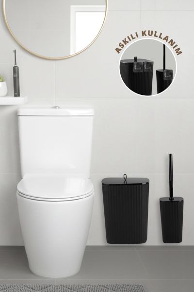 Okyanus Home Safir Yapışkanlı Wc Fırçalık ve Çöp Kovası Seti Siyah 2'li Banyo Seti