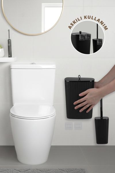 Okyanus Home Safir Yapışkanlı Wc Fırçalık ve Çöp Kovası Seti Siyah 2'li Banyo Seti