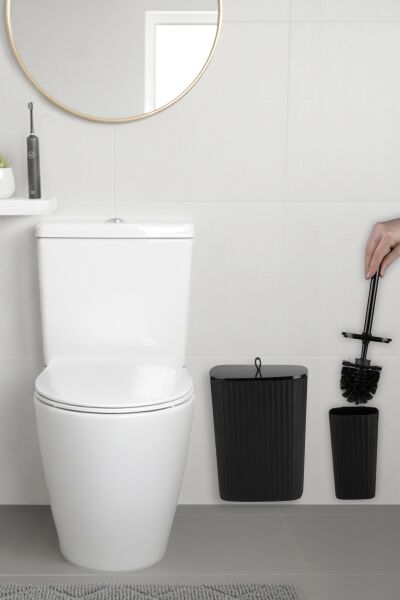 Okyanus Home Safir Yapışkanlı Wc Fırçalık ve Çöp Kovası Seti Siyah 2'li Banyo Seti