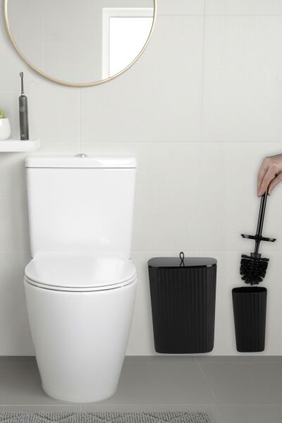 Okyanus Home Safir Yapışkanlı Wc Fırçalık ve Çöp Kovası Seti Siyah 2'li Banyo Seti