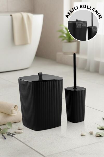 Okyanus Home Safir Yapışkanlı Wc Fırçalık ve Çöp Kovası Seti Siyah 2'li Banyo Seti