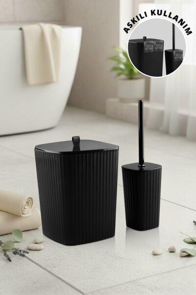 Okyanus Home Safir Yapışkanlı Wc Fırçalık ve Çöp Kovası Seti Siyah 2'li Banyo Seti