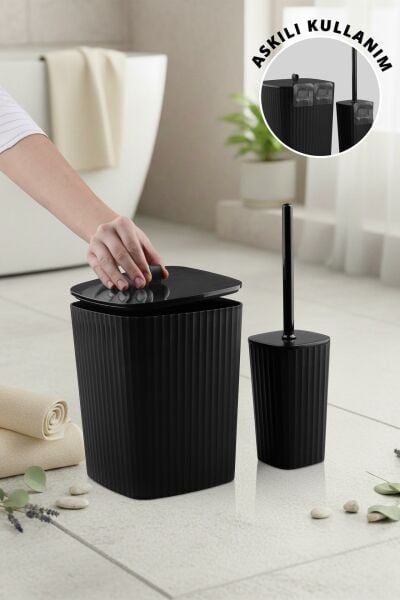 Okyanus Home Safir Yapışkanlı Wc Fırçalık ve Çöp Kovası Seti Siyah 2'li Banyo Seti
