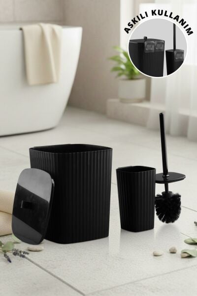 Okyanus Home Safir Yapışkanlı Wc Fırçalık ve Çöp Kovası Seti Siyah 2'li Banyo Seti