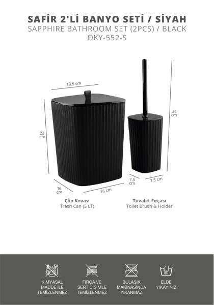 Okyanus Home Safir Yapışkanlı Wc Fırçalık ve Çöp Kovası Seti Siyah 2'li Banyo Seti