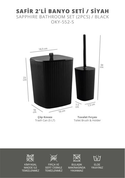 Okyanus Home Safir Yapışkanlı Wc Fırçalık ve Çöp Kovası Seti Siyah 2'li Banyo Seti
