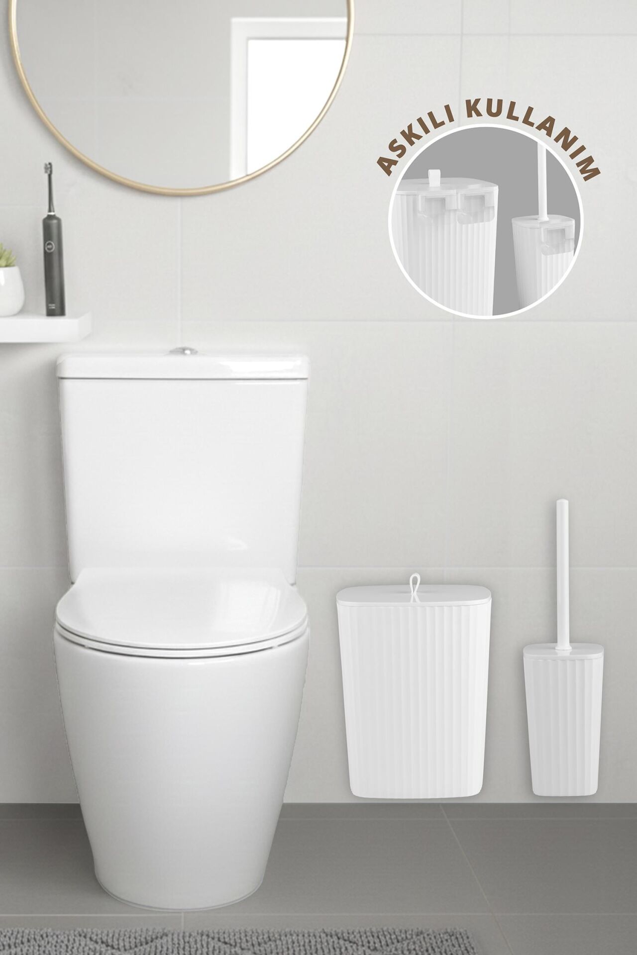 Okyanus Home Safir Yapışkanlı Wc Fırçalık ve Çöp Kovası Seti Beyaz 2'li Banyo Seti