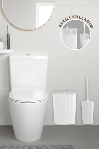 Okyanus Home Safir Yapışkanlı Wc Fırçalık ve Çöp Kovası Seti Beyaz 2'li Banyo Seti