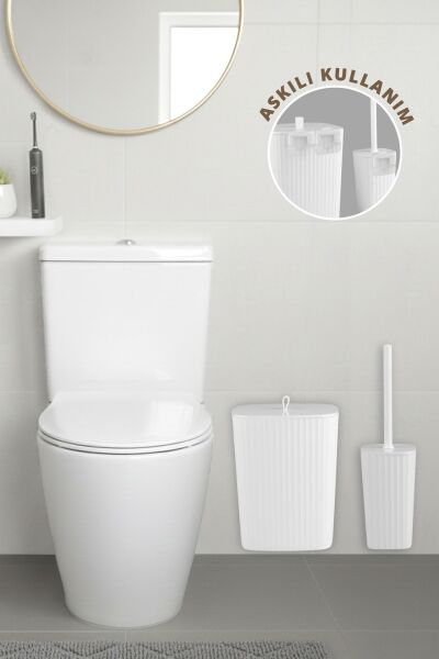 Okyanus Home Safir Yapışkanlı Wc Fırçalık ve Çöp Kovası Seti Beyaz 2'li Banyo Seti