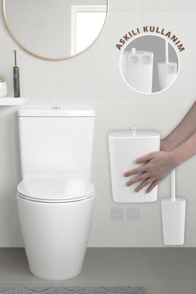 Okyanus Home Safir Yapışkanlı Wc Fırçalık ve Çöp Kovası Seti Beyaz 2'li Banyo Seti