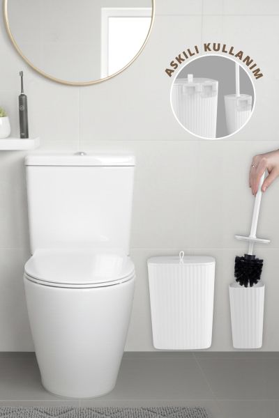 Okyanus Home Safir Yapışkanlı Wc Fırçalık ve Çöp Kovası Seti Beyaz 2'li Banyo Seti