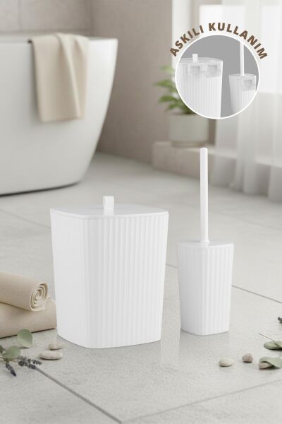 Okyanus Home Safir Yapışkanlı Wc Fırçalık ve Çöp Kovası Seti Beyaz 2'li Banyo Seti