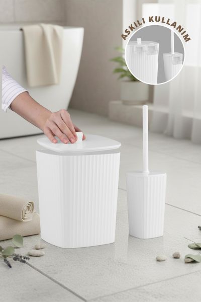 Okyanus Home Safir Yapışkanlı Wc Fırçalık ve Çöp Kovası Seti Beyaz 2'li Banyo Seti
