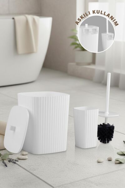 Okyanus Home Safir Yapışkanlı Wc Fırçalık ve Çöp Kovası Seti Beyaz 2'li Banyo Seti