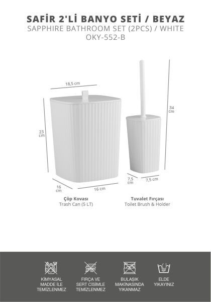 Okyanus Home Safir Yapışkanlı Wc Fırçalık ve Çöp Kovası Seti Beyaz 2'li Banyo Seti