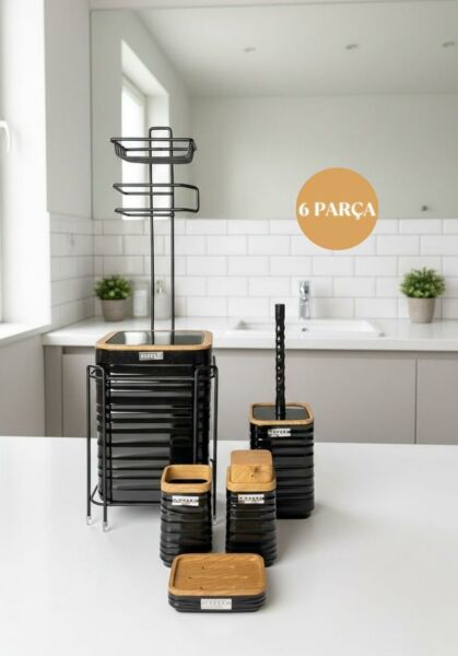 Okyanus Home Siyah Ahşap Dalgalı Desenli Yedekli Wc Kağıtlık ve 6 Parça Banyo Seti