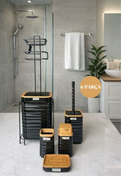 Okyanus Home Siyah Ahşap Dalgalı Desenli Yedekli Wc Kağıtlık ve 6 Parça Banyo Seti