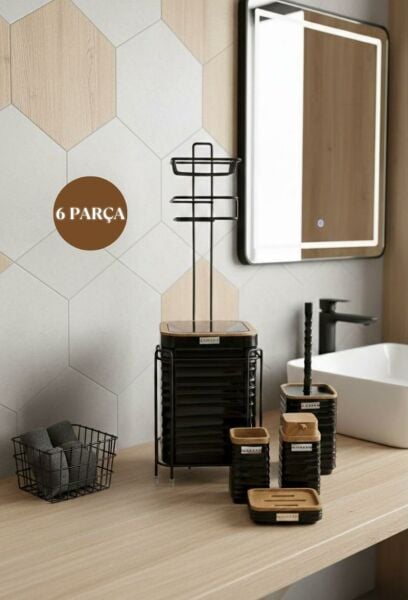 Okyanus Home Siyah Ahşap Dalgalı Desenli Yedekli Wc Kağıtlık ve 6 Parça Banyo Seti