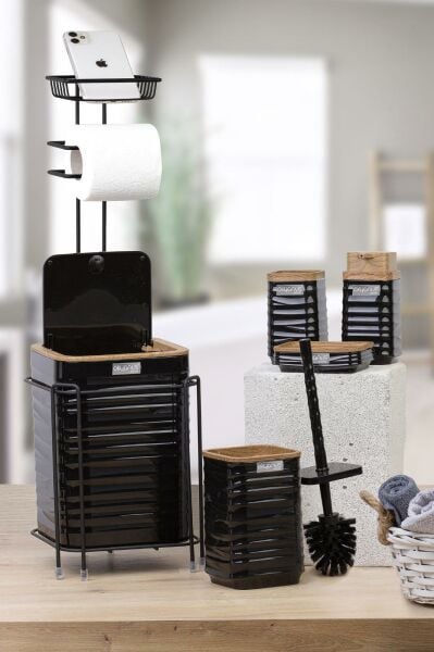 Okyanus Home Siyah Ahşap Dalgalı Desenli Yedekli Wc Kağıtlık ve 6 Parça Banyo Seti
