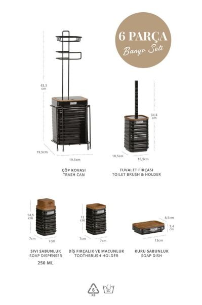 Okyanus Home Siyah Ahşap Dalgalı Desenli Yedekli Wc Kağıtlık ve 6 Parça Banyo Seti