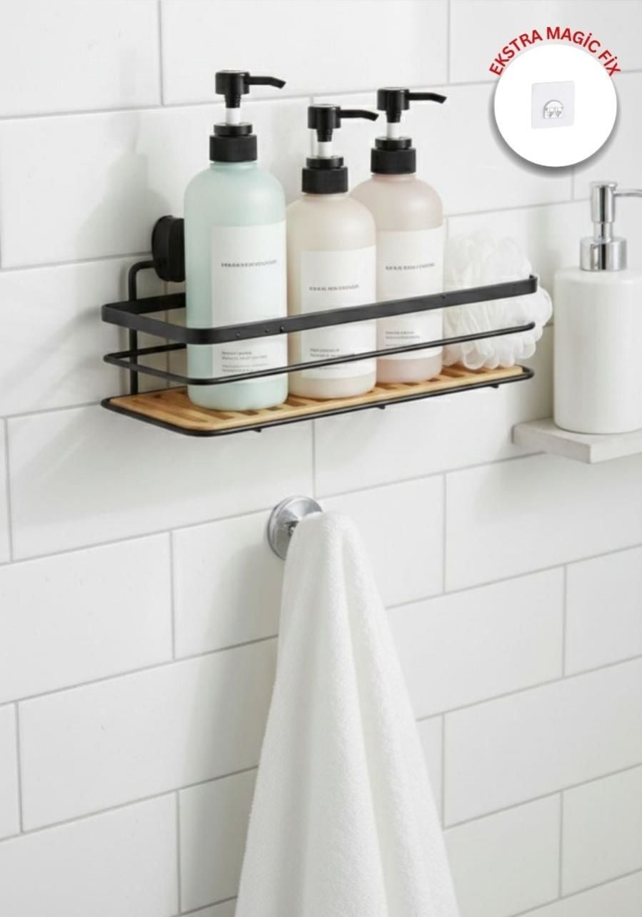 Okyanus Home Eko Magic Yapıştır&Vidala Due Tek Katlı Dikdörtgen Lamalı Maxi Şampuanlık  13 X 30 cm / Siyah