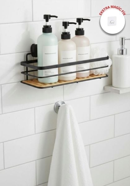 Okyanus Home Eko Magic Yapıştır&Vidala Due Tek Katlı Dikdörtgen Lamalı Maxi Şampuanlık  13 X 30 cm / Siyah