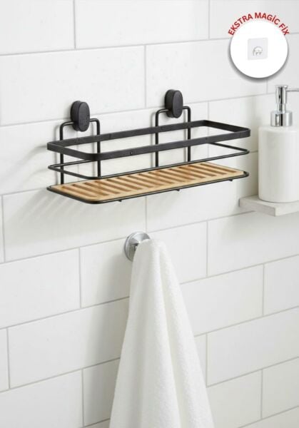 Okyanus Home Eko Magic Yapıştır&Vidala Due Tek Katlı Dikdörtgen Lamalı Maxi Şampuanlık  13 X 30 cm / Siyah